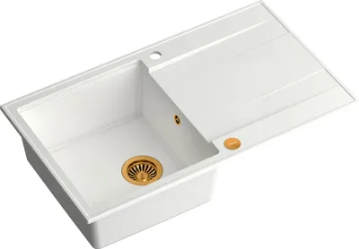 Obrázok produktu pre Kuchynský drez QUADRON s 1 misou | rozmery: 86 x 50 x 21 cm | EVAN 111 | Kuchynský drez GraniteQ so sifónom | biela a meď
