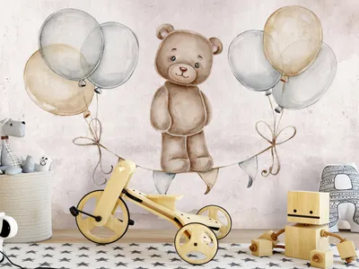 Produktbild von Vlies Fototapete für Kinder 350x256 cm Tapeten Wandtapete XXL Tier Bär Ballons Party wie gemalt e-C-10002-a-a