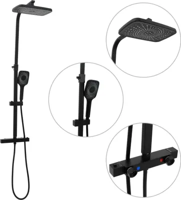 Image de Ensemble de douche à deux tête et mitigeur et tuyau laiton noir
