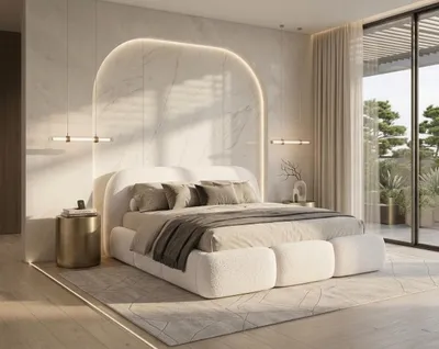 Produktbild von Polsterbett mit Bettkasten RIMINI / Lambi 1 Weiss / Schlaffläche 160 cm x 200 cm / Metallrahmen / Bett mit gepolstertem Kopfteil/ Bouclé, KI-generiertes Bild