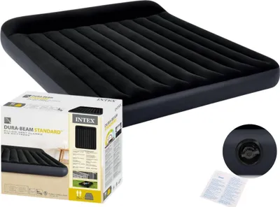 An inflatable mattress with its packaging and an accessory.
