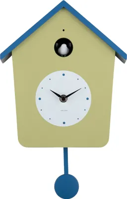 A cuckoo clock with a light yellow house and blue roof and pendulum.