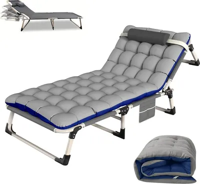 Image de Lit de camp pliable réglable avec revêtement en coton perlé (73,5×190 cm), structure grise, lit pliant réglable en hauteur sur 4 positions avec sac de transport et tube carré