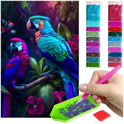 Produktbild von ARTULIO - Diamond Painting Set - Zwei bunte Papageien im Dschungel - 60 x 40 cm - Groß XXL - Crystal Art, Komplettset Mosaik + Zubehör