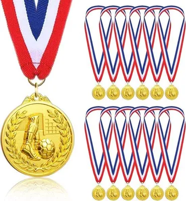 Productafbeelding van Voetbalmedailles voor Kinderen - 12 Stuks Gouden Medaille met Driekleurig Nylon Lint voor Voetbalfeestjes