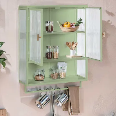 Produktbild von 60cm Wandschrank Glas Doppeltür Modern Grün Geflochten Muster Bad Wohnzimmer Flur Küche