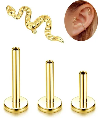 Image de Ensemble de 3 piercings : helix, tragus, labret, medusa, avec filetage interne, en titane 16G, couleur or/argent