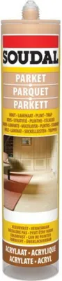 A tube of Soudal Parkett sealant in a light oak color.
