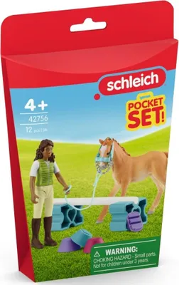 A toy playset featuring a girl and a horse on a grassy field with a blue bench and accessories.