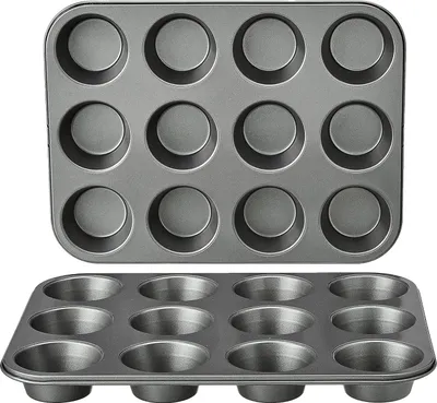 Produktbild von Antihaftbeschichtete, runde Muffin-Backform, 12 Mulden, 2er-Set, Grau, 13,9 x 10,55 x 1,22 Zoll