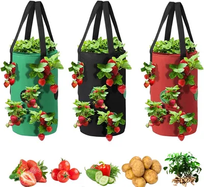Produktbild von Grow Bags 3 Gallonen für Erdbeeren Gemüse 12 Pflanzlöcher, stabiler hängender Griff verdicktes atmungsaktives Filztuch für Karotte Zwiebel