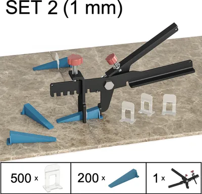 Produktbild von Fliesen Nivelliersystem Verlegehilfe Fliesen Plan System, Set 2, 500 Laschen, 200 Keile, Zange, 1 mm