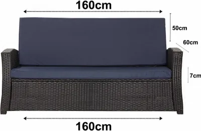A front view of a dark woven outdoor sofa with blue cushions, showing dimensions.