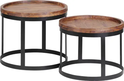 Produktbild von 2er Set Beistelltische AKOLA Massivholz Sheesham Wohnzimmertisch Landhausstil Anstelltisch Metallgestell Naturholz
