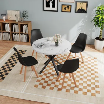 Produktbild von Esstisch-Set mit 4 Stühlen, rund, 100x100x75 cm, Marmorimitat+Weiß+Schwarz