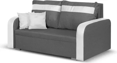 A studio shot of a gray and white sofa with two white pillows.