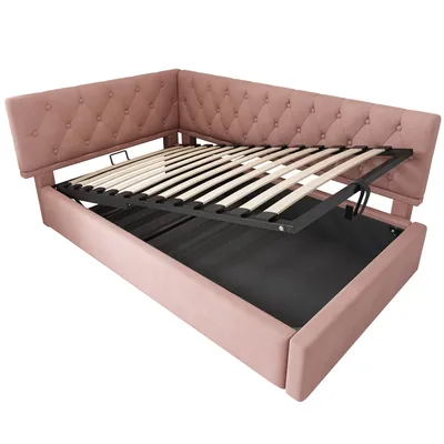 Produktbild von Flieks Polsterbett 90x200cm mit Stauraum, Tagesbett Schlafsofa mit Verstellbarem Kopfteil, Daybett Kinderbett Jugendbett mit Lattenrost, Samt, Rosa