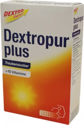 A product box for Dextropur Plus, a dietary supplement.