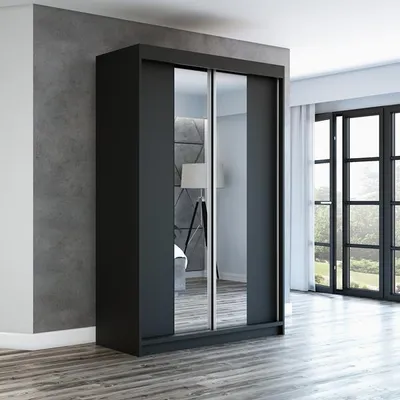 Produktbild von Schwebetürenschrank, 2-türig Schrank mit Spiegel! Moderne Garderobe für Kleidung. Verschiedene Farben (Weiß, Schwarz, Somona) Kleiderschrank NEO 120 cm