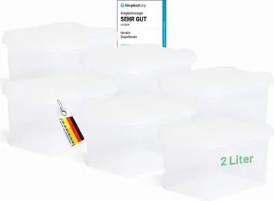 Produktbild von Novaliv 6x Aufbewahrungsboxen mit Deckel klein 2 L transparente Nestbar stapelbare Plastikboxen mit Clipverschluss Kunststoff BPA-frei 19 x 14 x 11 cm