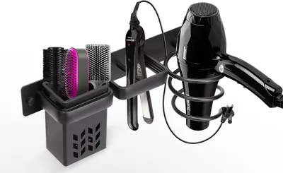 Produktbild von Professionelles schwarzes Aluminium-Wandregal mit Löchern zur Aufbewahrung von Haartrocknern/Glätteisen, für Schlafzimmer/Hotels