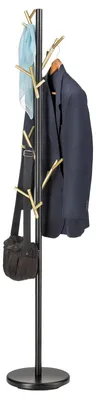 Produktbild von Kleiderständer ZENO aus Metall, Schwarz/Gold - Garderobenständer, Jackenständer mit 6 praktischen Haken. Ideal für Flur und Eingangsbereich