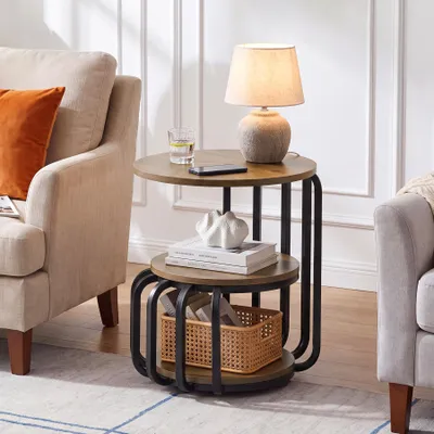 Immagine prodotto di Tavolino rotondo con tre ripiani, 50 cm. Comodino industriale con struttura in metallo, tavolino decorativo per soggiorno, camera da letto e piccoli ambienti