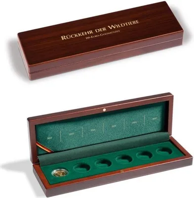 A wooden box for coins, open to show coin slots and the interior lining.