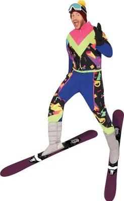 Mann in Retro Skianzug beim Sprung mit Skiern – 80er Jahre Look.