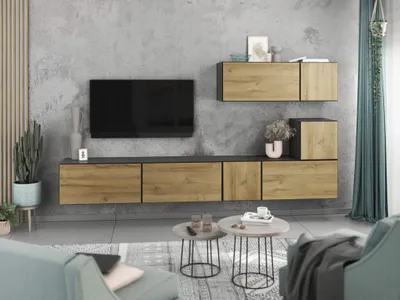 Produktbild von Wohnwand VARIANTO 2 Schrank Set 7 tlg., 266 cm, anthrazit matt / Evoke Eiche, grifflos, stehend und hängend