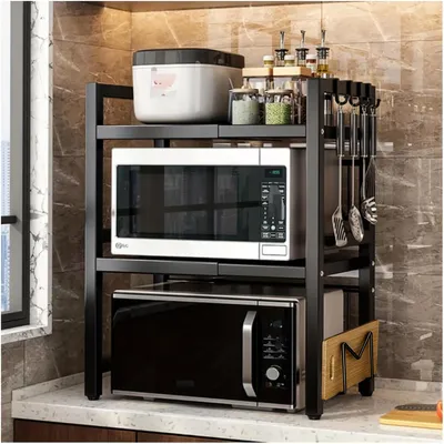 Immagine prodotto di supporto per microonde allungabile a 3 livelli, nero, con 6 ganci, regolabile in altezza e lunghezza 40-64 cm - portaspezie, supporto per microonde