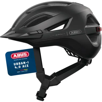 Immagine prodotto di ABUS Urban-I 4.0 ACE city - casco da bici con luce posteriore ricaricabile, 4 modalità di illuminazione, visiera, apertura a codino e chiusura magnetica - per adolescenti, donne e uomini - taglia M, nero