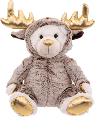A plush toy bear dressed in a reindeer costume, shown from the front.