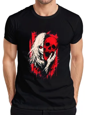 Produktbild von Horror Anime Girl Roter Totenkopf Skull Gothic Grunge Japan Manga Herren T-Shirt, Schwarz, L