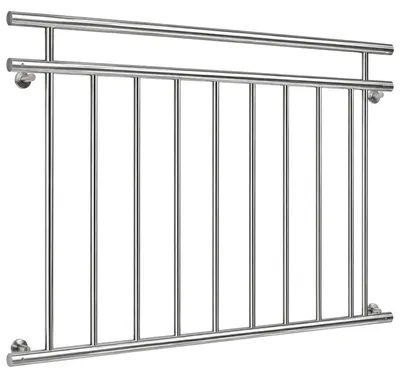 Zdjęcie produktu dla Balkon francuski, balustrada okienna ze stali nierdzewnej V2A, wymiary 90x128 cm, z 9 pionowymi elementami wypełniającymi, odporna na korozję i warunki atmosferyczne, kolor srebrny