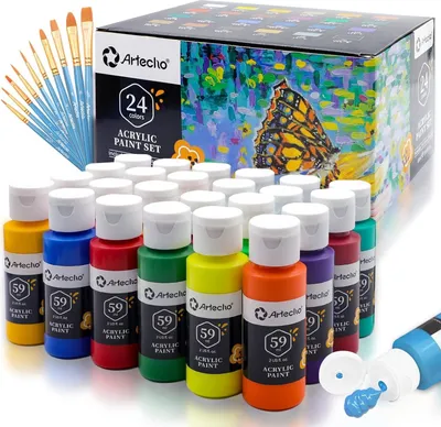 Produktbild von Artecho 34 Stk. Acrylfarben Künstler Set – 24 x 59ml Wasserfest Acrylfarben mit 10 Pinseln – für Papier, Leinwand, Karton, Holz, Glas, Stein, Ton uvm.