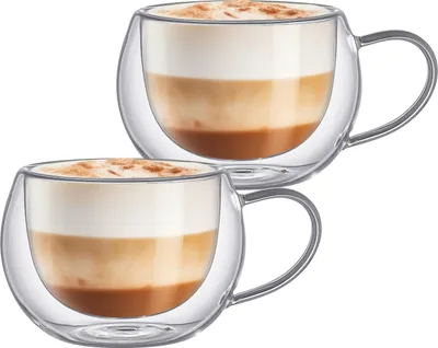 Two double-walled glass coffee cups filled with layered coffee drinks.