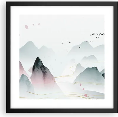 Produktbild von Gerahmtes Poster - Schwarzer Rahmen - Berge Vögel Modern - 40x40 cm - Wand Bild - Wanddeko - Wandbilder - Kunstposter - Wandposter - Bilderrahmen - Bilder - Kunstdruck - P2BAC40x40-4822