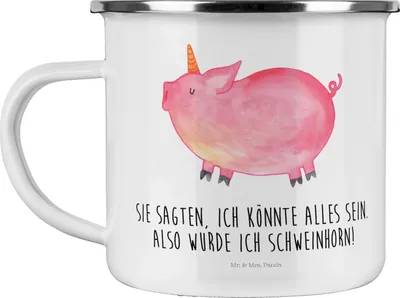 Produktbild von Mr. & Mrs. Panda Teetasse Einhorn Schwein - Weiß - Geschenk, becher emaille, Englisch, Campingbecher, Tasse, Teebecher, Party, Unicorn, Pott, Haferl, Spruch
