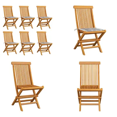 Produktbild von vidaXL Gartenstühle mit Kissen 6 Stk. Grau Karomuster Massivholz Teak - Gartenstuhl - Gartenstühle - Holz-Gartenstuhl - Holz-Gartenstühle