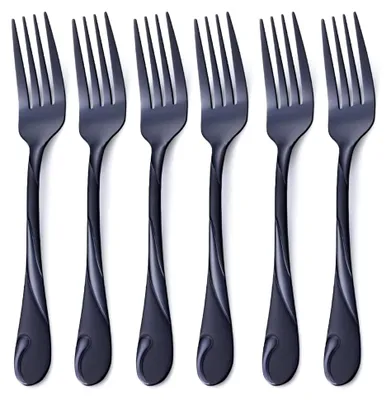 Produktbild von Kuchengabeln Schwarz, 17,5 cm Edelstahl, Glänzende Schwarze Metall Dessertgabeln, Kleine Salatgabeln, Spülmaschinenfest, Set von 6 Stück