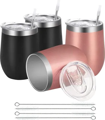 Image de Joymaking Stemless Gobelet à vin en acier inoxydable avec couvercle Or rose-Noir Set de 4 pièces