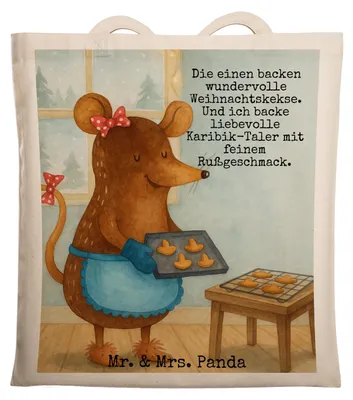 Produktbild von Mr. & Mrs. Panda Tote Bag Maus Kekse Design - Weiß - Geschenk, Weihnachtsbäckerei, Shopping Tasche, Laptoptasche, Beutel, Weihnachten, Winter, Backen, Schultasche