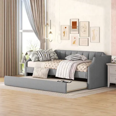 Obrázek produktu pro MODFU Rozkládací postel 90 x 200(190)cm, Polstrované jednolůžkové denní lůžko s vysouvací postelí (bez matrace), šedá
