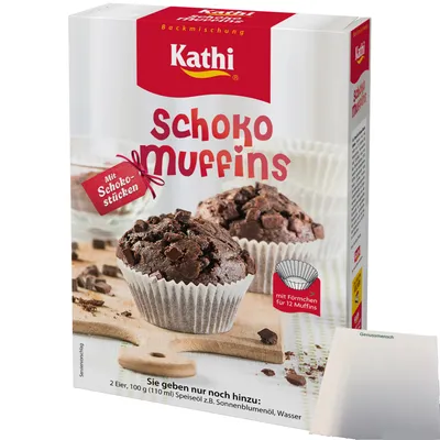 Produktbild von Kathi Backmischung für Schoko Muffins mit Schokoladenstücken und Förmchen (380g Packung) + usy Block