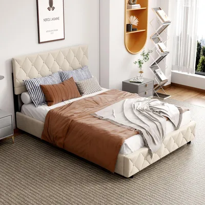 Produktbild von MODFU Boxspringbett Hydraulisches 160x200cm mit Kopfteil(Knopfnahtverzierung), Polsterbett mit Lattenrost aus holz, Metallrahmen, Beige(Ohne Matraze)
