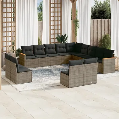 Produktbild von Design 13-tlg. Garten-Sofagarnitur mit Kissen Grau Poly Rattan, Gartenmöbel-Sets 2024 Neu