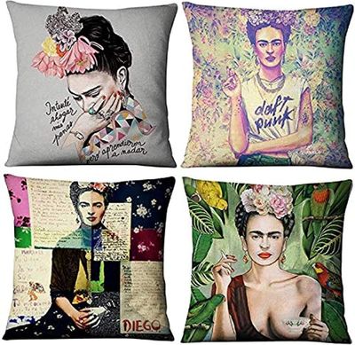 Frida Kahlo autoportrét v mexickom štýle 4 kusy bavlnených a ľanových poťahov na vankúše na dekoráciu domáceho auta 45cm*45cm (dámsky autoportrét)