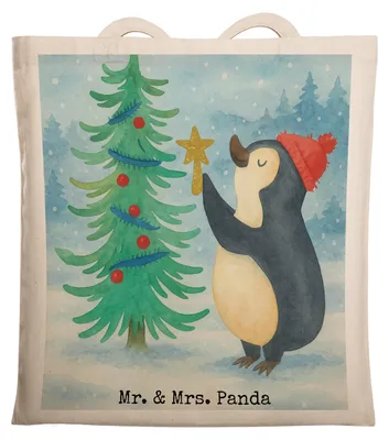 Produktbild von Mr. & Mrs. Panda Einkaufstasche Pinguin Weihnachtsbaum Design - Weiß - Geschenk, Tasche, Weihnachten, Schultasche, Laptoptasche, Winter, Jutebeutel, Tragetasche, canvas