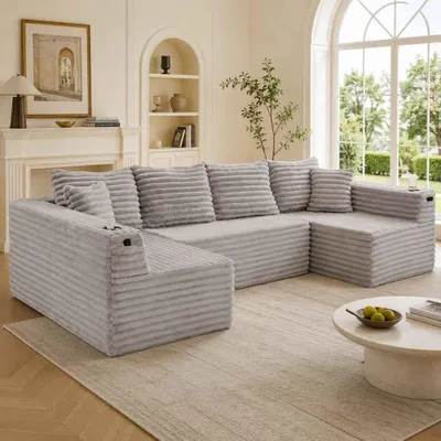 Produktbild von U-förmiges Cord-Sofa, 6-Sitzer, mit Getränkehaltern & Seitentaschen, Federkern, ergonomisch, 4 Rückenkissen, 2 Zierkissen, Wohnzimmer, Light Gray